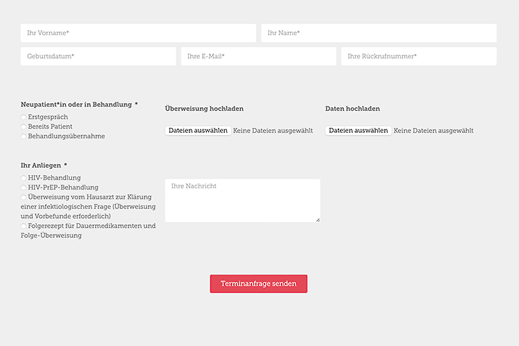 Das Bild zeigt ein Kontaktformular zur Terminbuchung auf einer Ärzte-Website